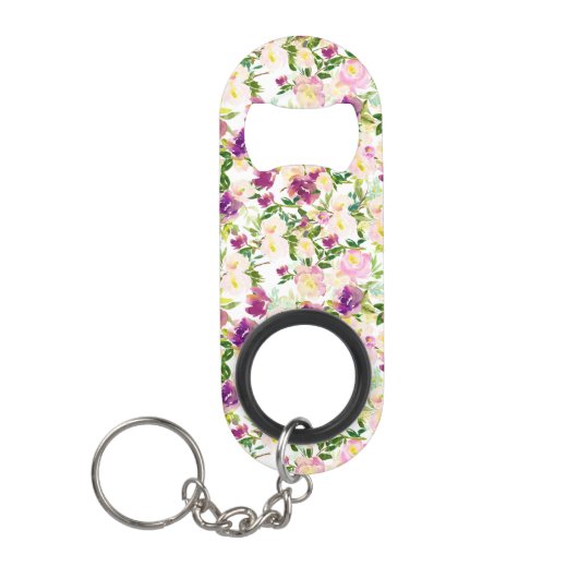 Girly Pink Peach Paarse Burgundy Waterverf Floral Mini Flessenopener (Voorkant)