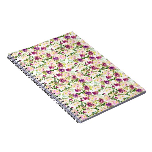 Girly Pink Peach Paarse Burgundy Waterverf Floral Notitieboek (Rechterzijde)