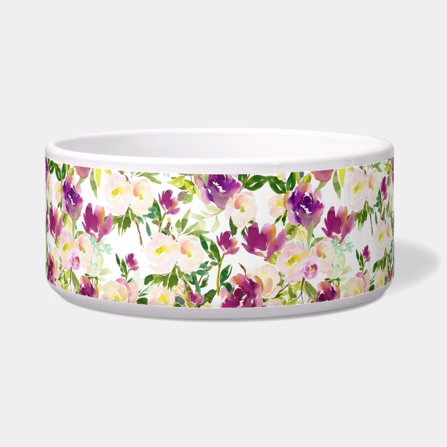 Girly Pink Peach Paarse Burgundy Waterverf Floral Voerbakje (Voorkant)