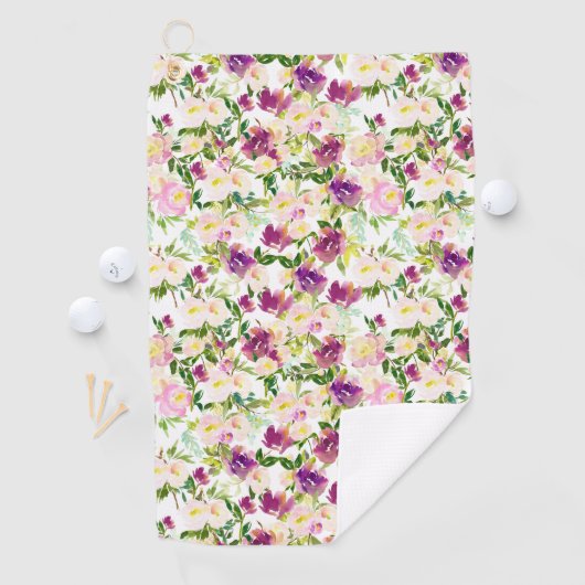 Girly Pink Peach Paarse Waterverf Bloemen Golfhanddoek (Insitu)