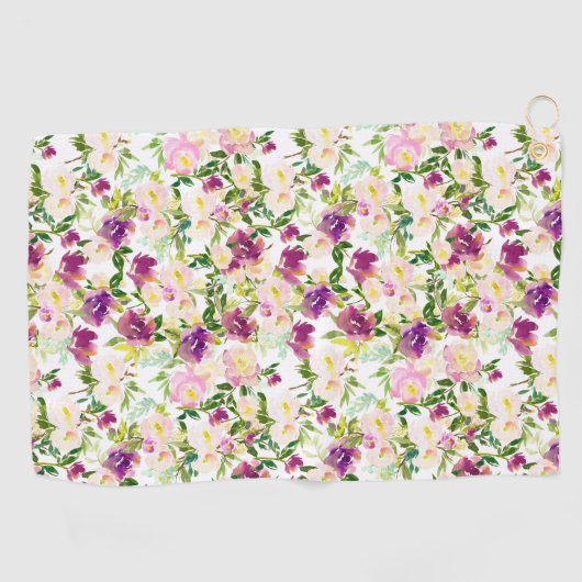 Girly Pink Peach Paarse Waterverf Bloemen Golfhanddoek (Horizontaal)