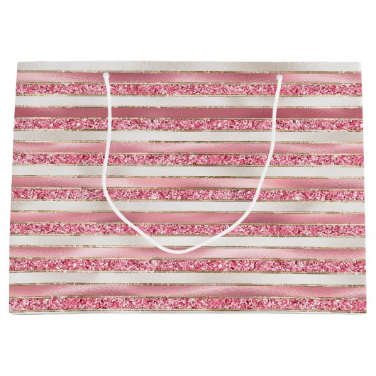 Girly Pink Pearl Glitter Stripes Groot Cadeauzakje (Voorkant)