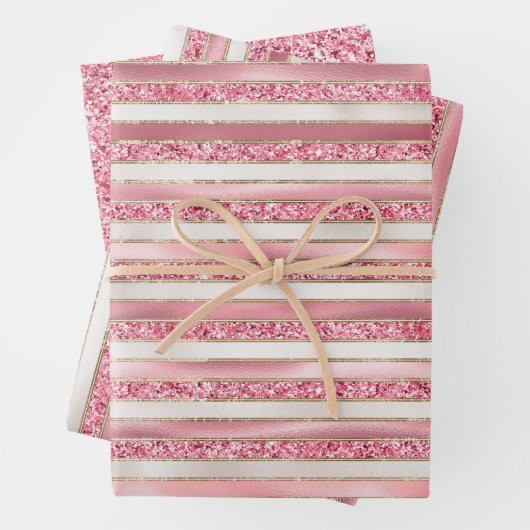 Girly Pink Pearl Glitter Stripes Inpakpapier Vel (In situ)