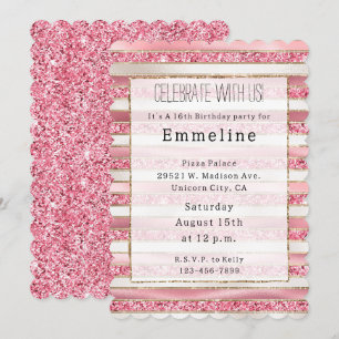 Girly Pink Pearl Glitter Stripes Kaart