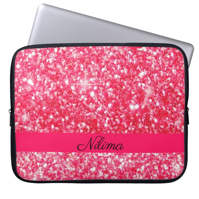 Girly Pink Personalised name trendy valsglitter Laptop Sleeve (Voorkant)
