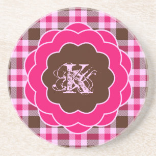 Girly Pink Plaid Monogram Scalloped Lijst Zandsteen Onderzetter