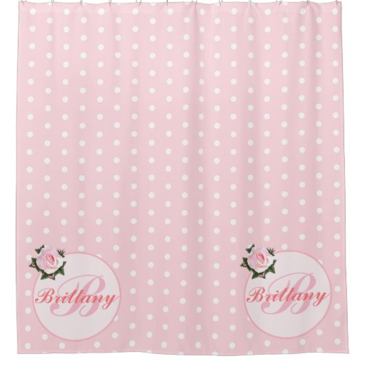 Girly Pink Polka Dot Flower Monogrammed Bath Douchegordijn (Voorkant)