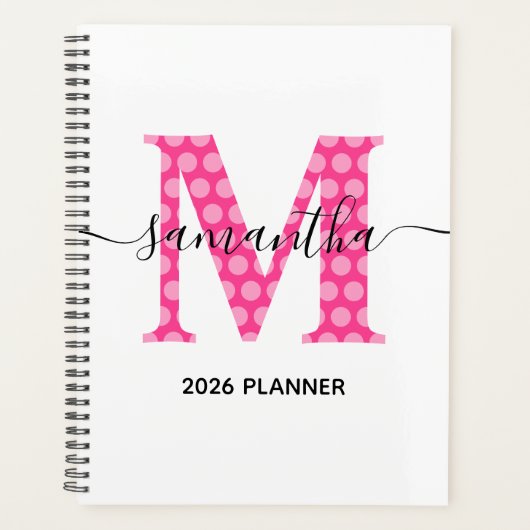 Girly Pink Polka Dot Monogram Planner (Voorkant)