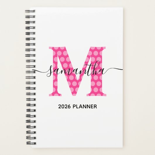 Girly Pink Polka Dot Monogram Planner (Voorkant)