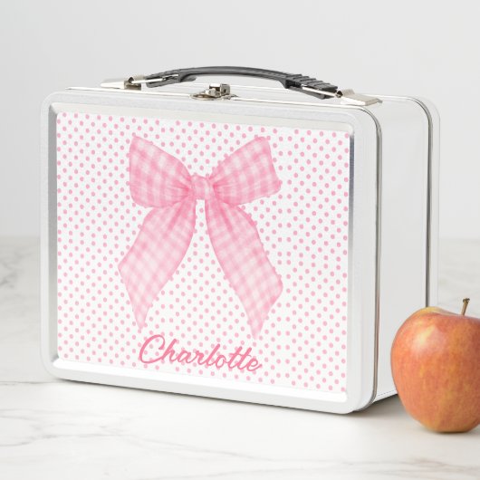 Girly Pink Polka Dots Waterverf Roze Gingham Bow (In situ)