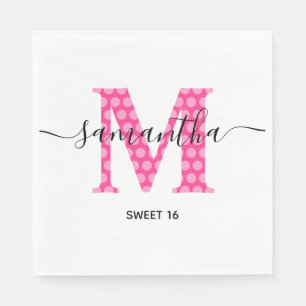 Girly Pink Polka gefotografeerd Monogram Sweet 16 Servet