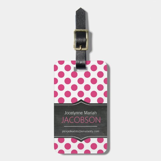 Girly Pink Polkadots Chalkboard Personalized Bagagelabel (Voorkant verticaal)