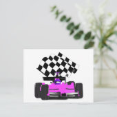 Girly Pink Race-auto met gecontroleerde vlag Briefkaart (Staand voorkant)