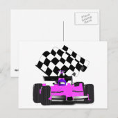 Girly Pink Race-auto met gecontroleerde vlag Briefkaart (Voorkant / Achterkant)