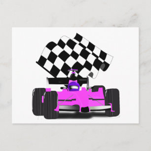 Girly Pink Race-auto met gecontroleerde vlag Briefkaart