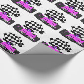 Girly Pink Race-auto met gecontroleerde vlag Cadeaupapier (Hoek)