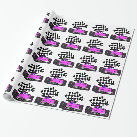 Girly Pink Race-auto met gecontroleerde vlag Cadeaupapier (Uitgerold)