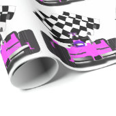 Girly Pink Race-auto met gecontroleerde vlag Cadeaupapier (Rol Hoek)