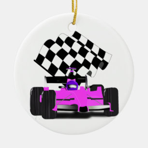 Girly Pink Race-auto met gecontroleerde vlag Keramisch Ornament