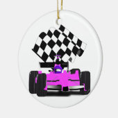 Girly Pink Race-auto met gecontroleerde vlag Keramisch Ornament (Links)