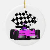 Girly Pink Race-auto met gecontroleerde vlag Keramisch Ornament (Achterkant)