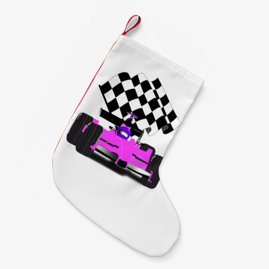 Girly Pink Race-auto met gecontroleerde vlag Kleine Kerstsok (Voorkant (Hangend))