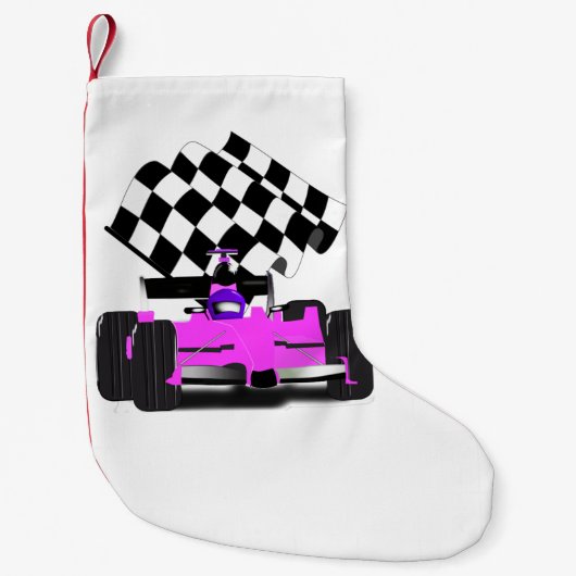 Girly Pink Race-auto met gecontroleerde vlag Kleine Kerstsok (Voorkant)