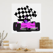 Girly Pink Race-auto met gecontroleerde vlag Poster (Keuken)