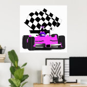 Girly Pink Race-auto met gecontroleerde vlag Poster (Thuiskantoor)