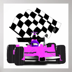Girly Pink Race-auto met gecontroleerde vlag Poster