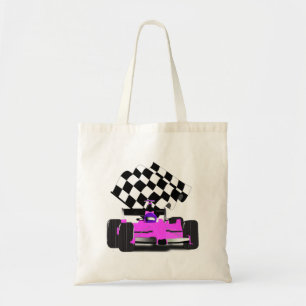 Girly Pink Race-auto met gecontroleerde vlag Tote Bag