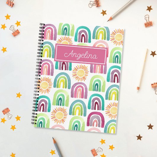 Girly Pink Rainbows & Suns Pattern Back to School Notitieboek