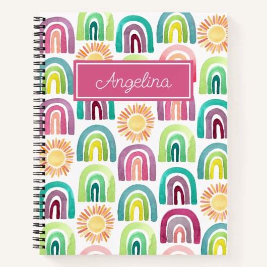 Girly Pink Rainbows & Suns Pattern Back to School Notitieboek (Voorkant)