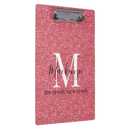 Girly Pink Red Glitter Monogram Naam Klembord (Rechts)