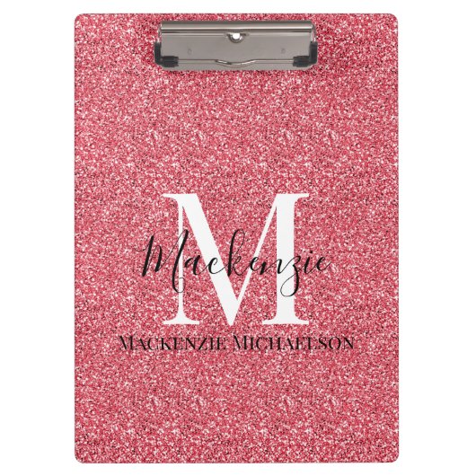 Girly Pink Red Glitter Monogram Naam Klembord (Voorkant)