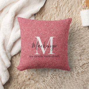 Girly Pink Red Glitter Monogram Naam Kussen