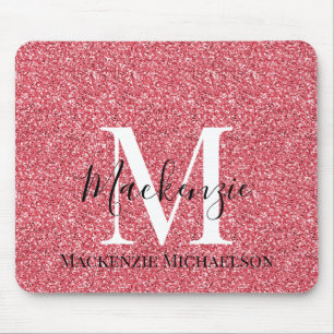 Girly Pink Red Glitter Monogram Naam Muismat