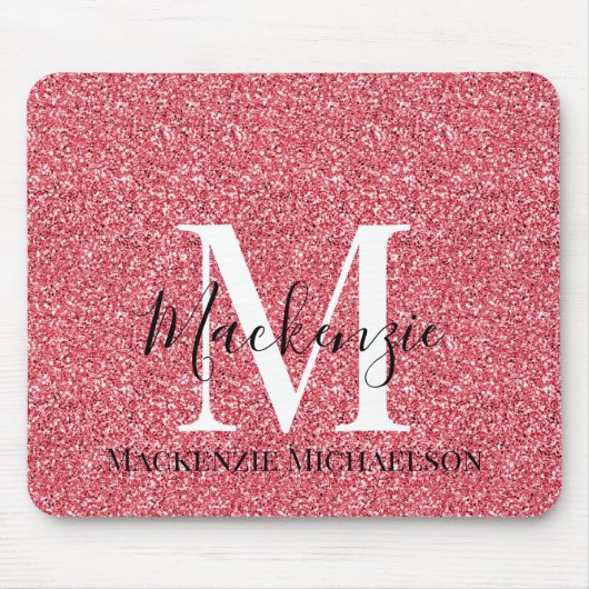 Girly Pink Red Glitter Monogram Naam Muismat (Voorkant)