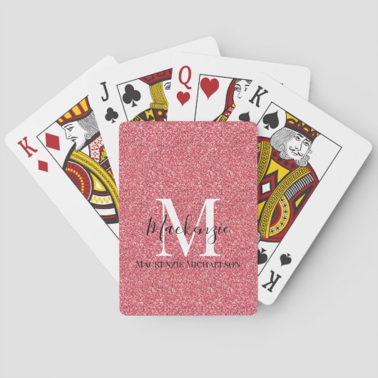 Girly Pink Red Glitter Monogram Naam Pokerkaarten (Achterkant)