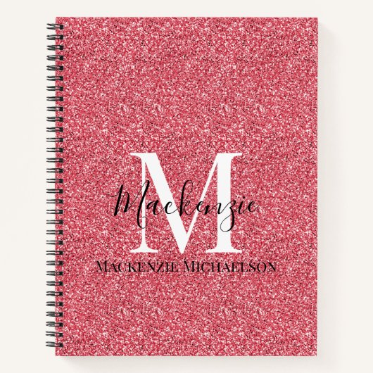 Girly Pink Red Glitter Monogram Name Notitieboek (Voorkant)
