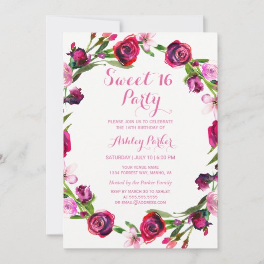 Girly Pink Rose Flower Sweet 16 Party Invitation Kaart (Voorkant)