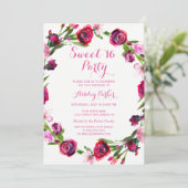 Girly Pink Rose Flower Sweet 16 Party Invitation Kaart (Staand voorkant)