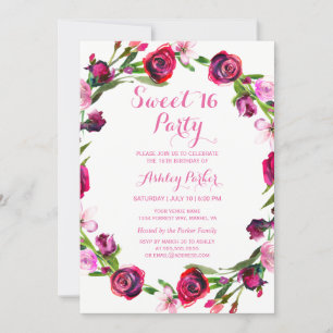 Girly Pink Rose Flower Sweet 16 Party Invitation Kaart