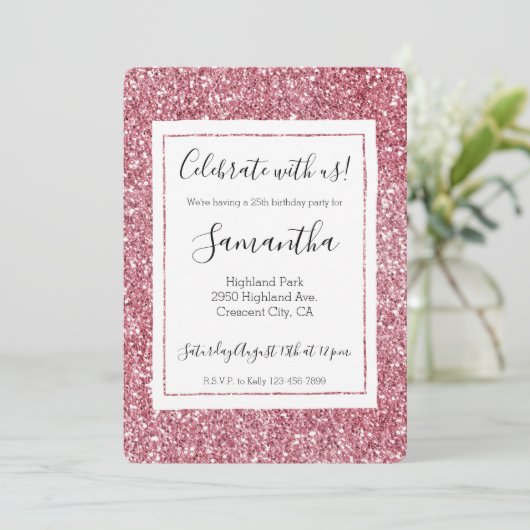 Girly Pink Rose Glitter Kaart (Staand voorkant)