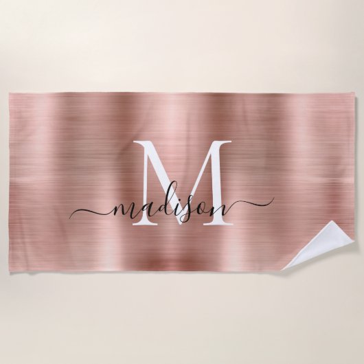 Girly Pink Rose Gold Brushed Metal Script Monogram Strandlaken (Voorkant)