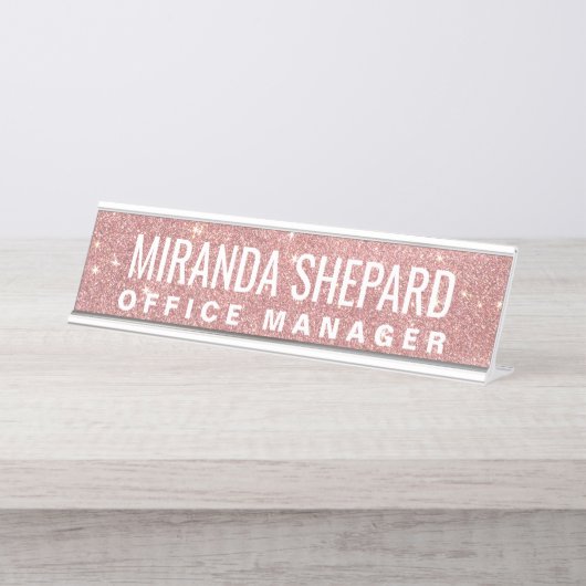 Girly Pink Rose Gold Chic Faux Glitter Patroon Bureau Naambordje (Voorkant)