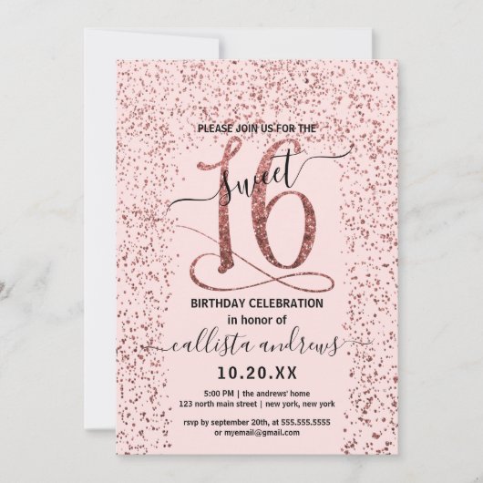 Girly Pink Rose Gold Confetti Border Sweet 16 Kaart (Voorkant)