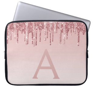 Girly Pink Rose Gold Glitter Drift Monogram Laptop Sleeve