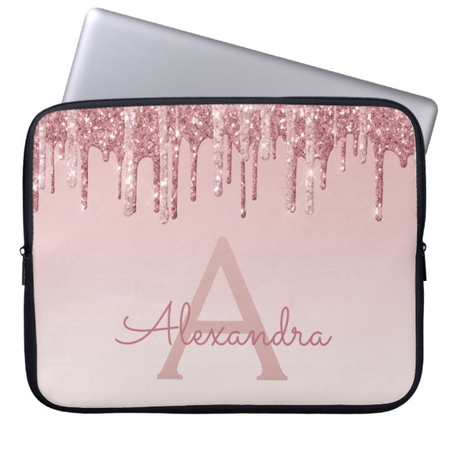 Girly Pink Rose Gold Glitter Drives Monogram Laptop Sleeve (Voorkant)