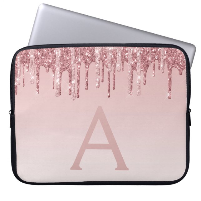 Girly Pink Rose Gold Glitter Drives Monogram Laptop Sleeve (Voorkant)